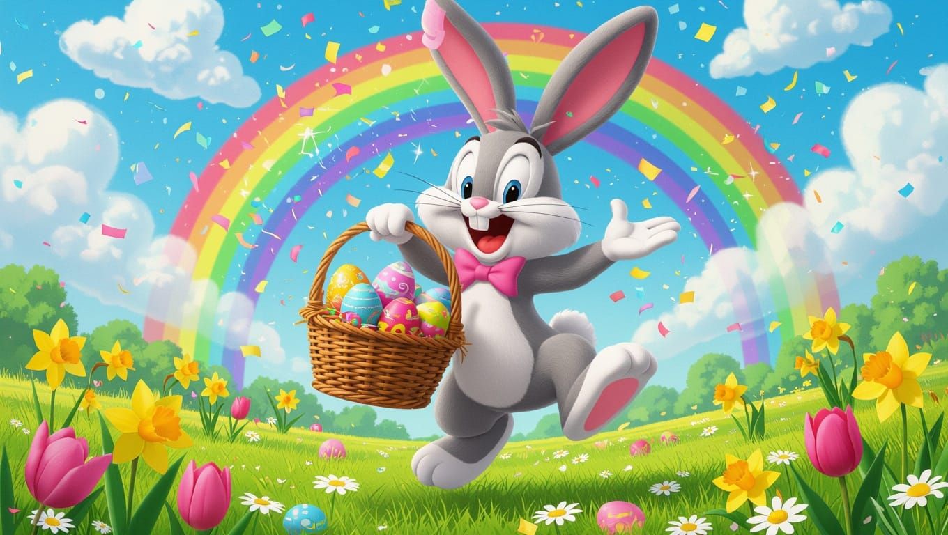 Joyful Easter Bunny Leaps on Rainbow