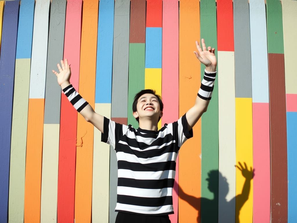 A Mime Surrounded by Vibrant Vertical Stripes in a Realistic...