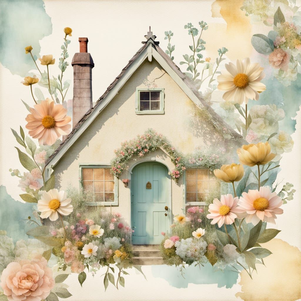 Floral Cottage in Watercolor Mixed Media Collage