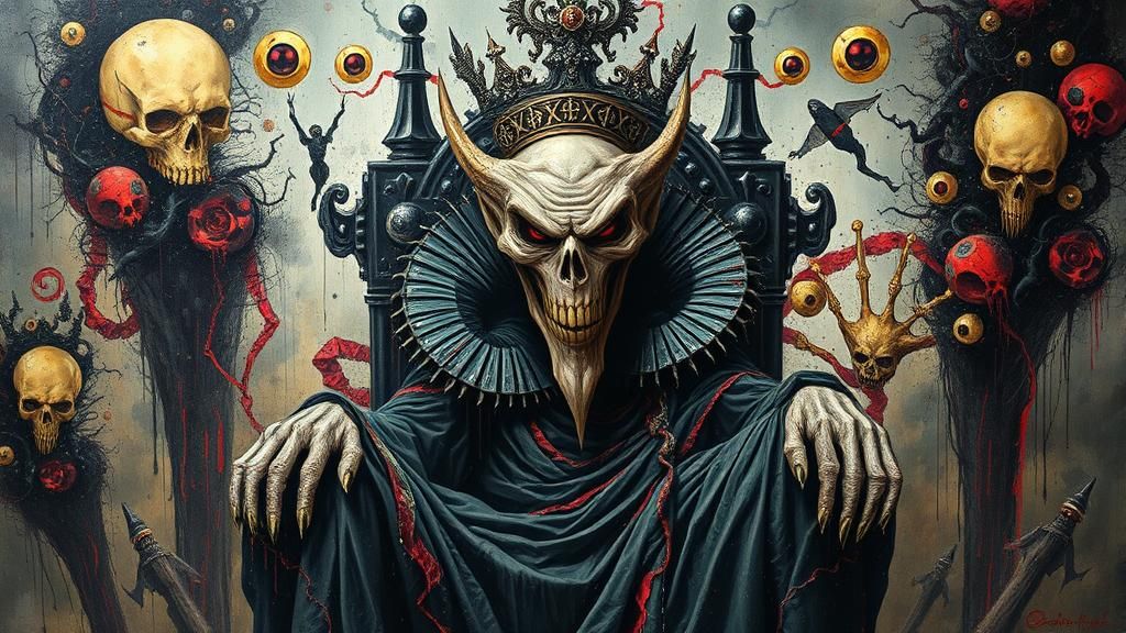 Grotesque King on Throne in Surrealist Dystopian Style