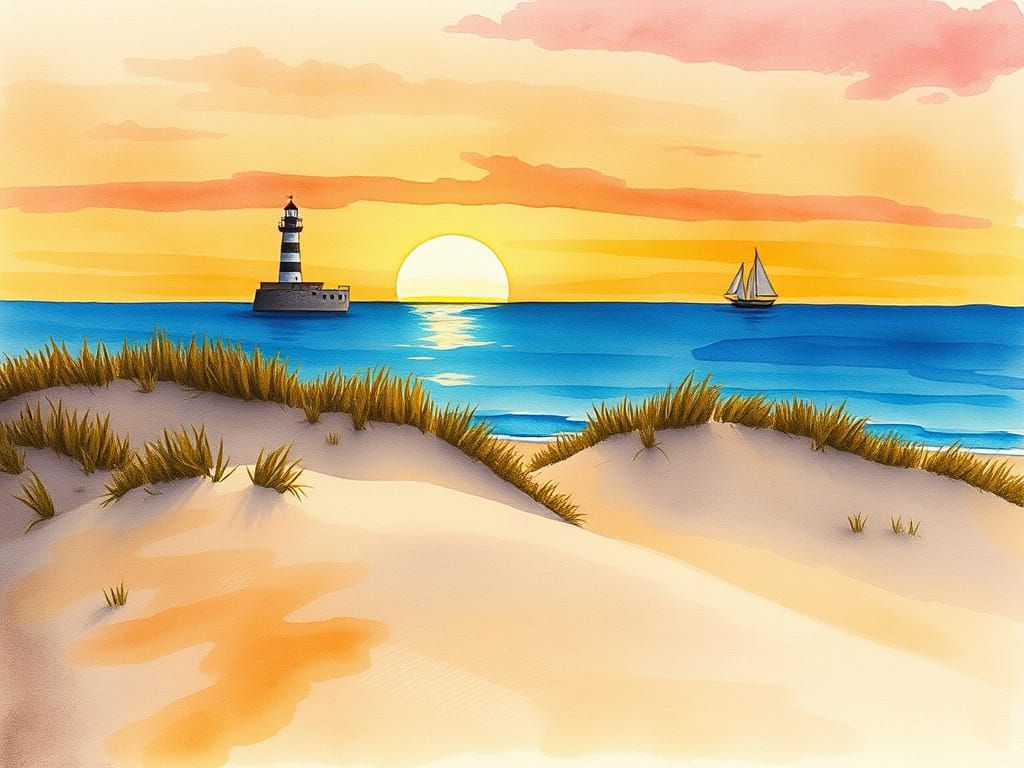 Sandy Coast at Sunset, with Lighthouse and Sailing Vessel