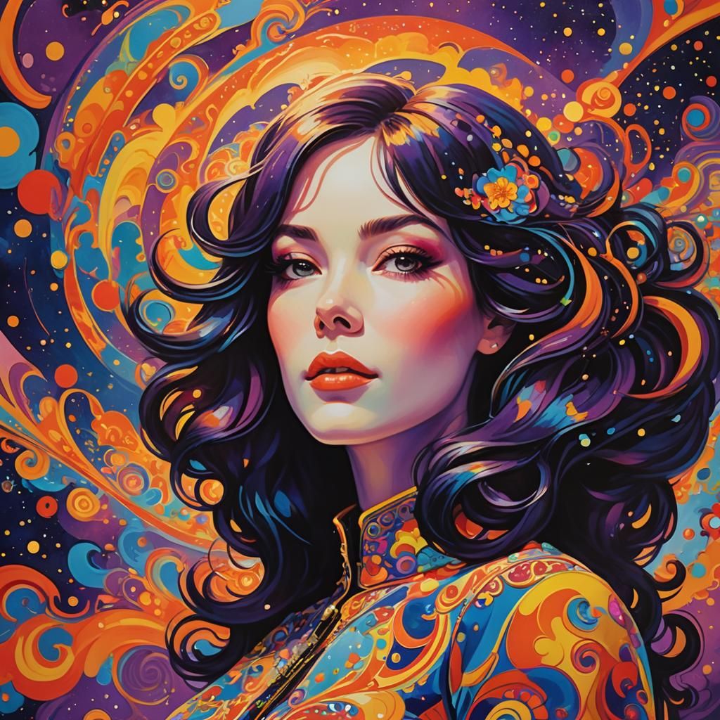 Psychedelic Woman Floating in Space, 60s Poster Art