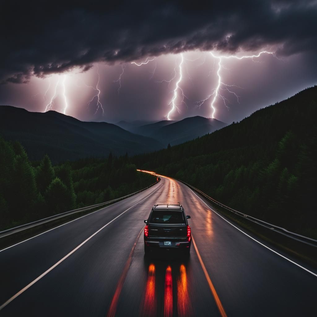 Car Driving Through Mountains During Lightning Storm