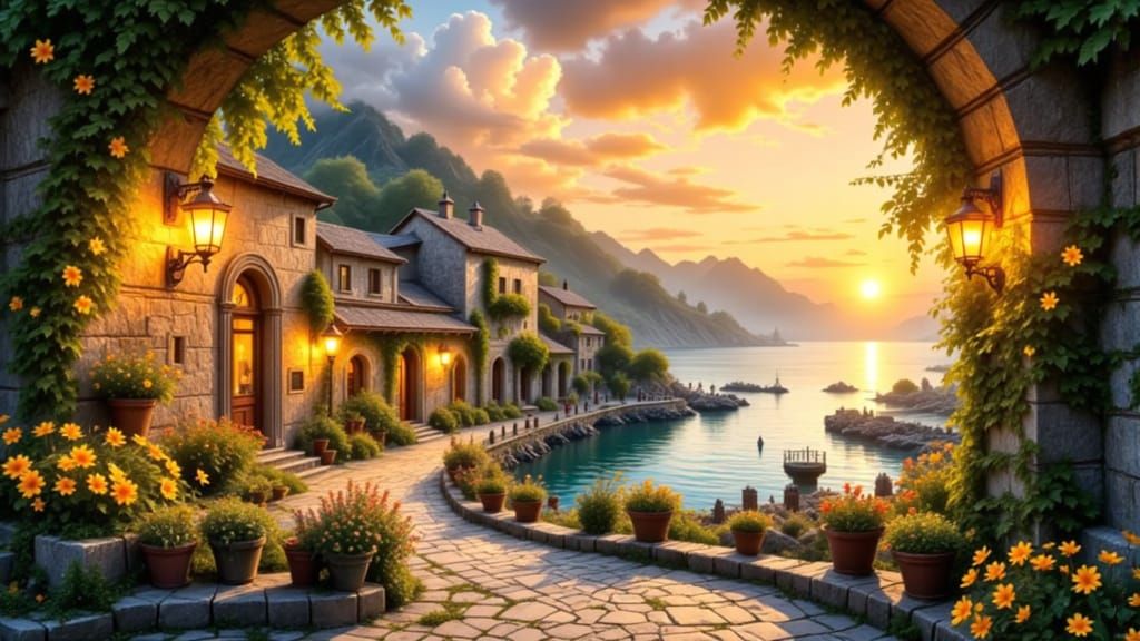 Idyllic Harbor Sunset with Glowing Lanterns