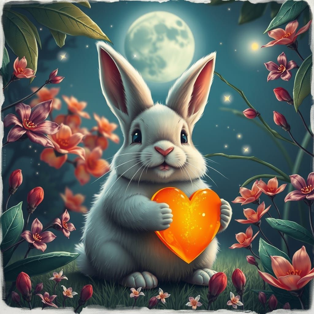 Adorable Dwarf Bunny Cradling Heart in Jungle Clearing