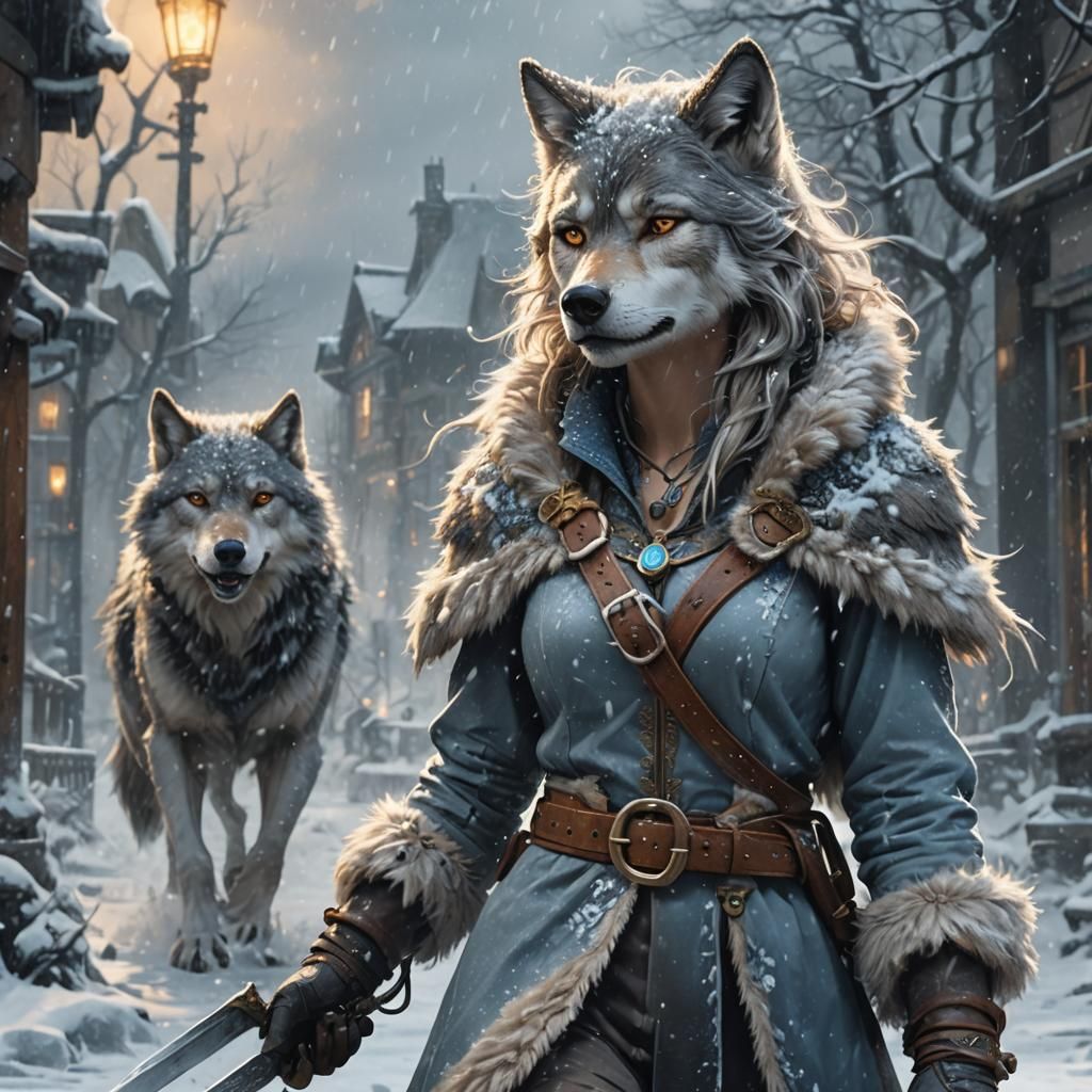 Wolf-like Girl in Snowstorm, Fantasy Digital Painting