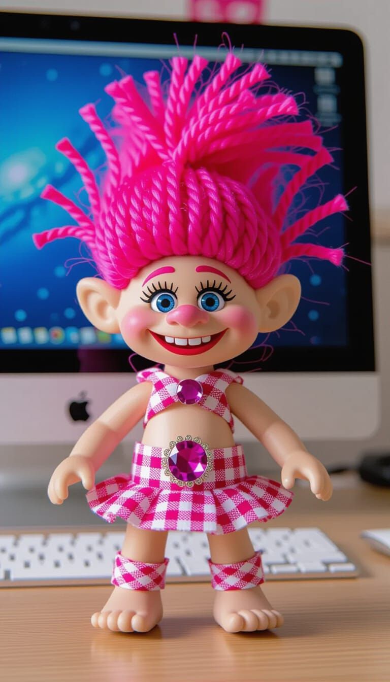 Supercute Pink Gingham Troll Doll on Desk