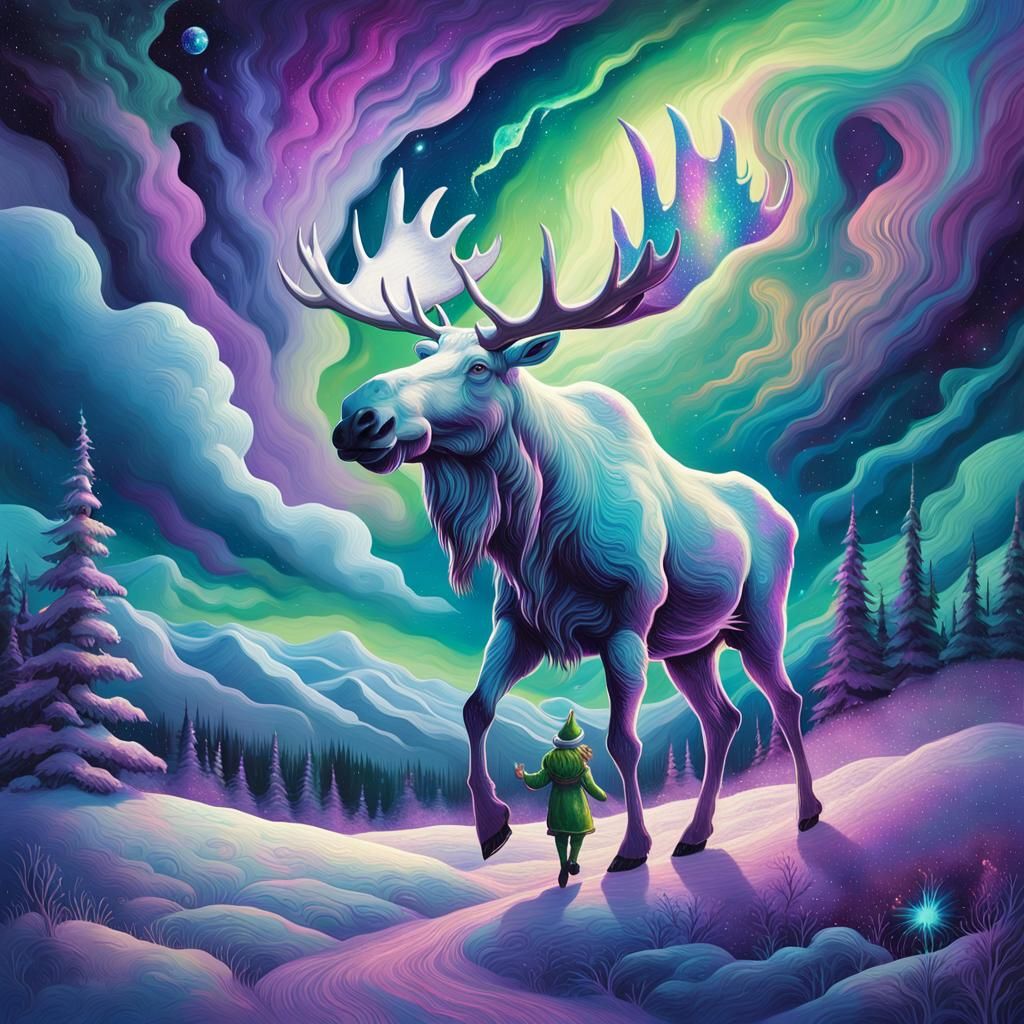 Cosmic Moose and Elf in Astral Landscape
