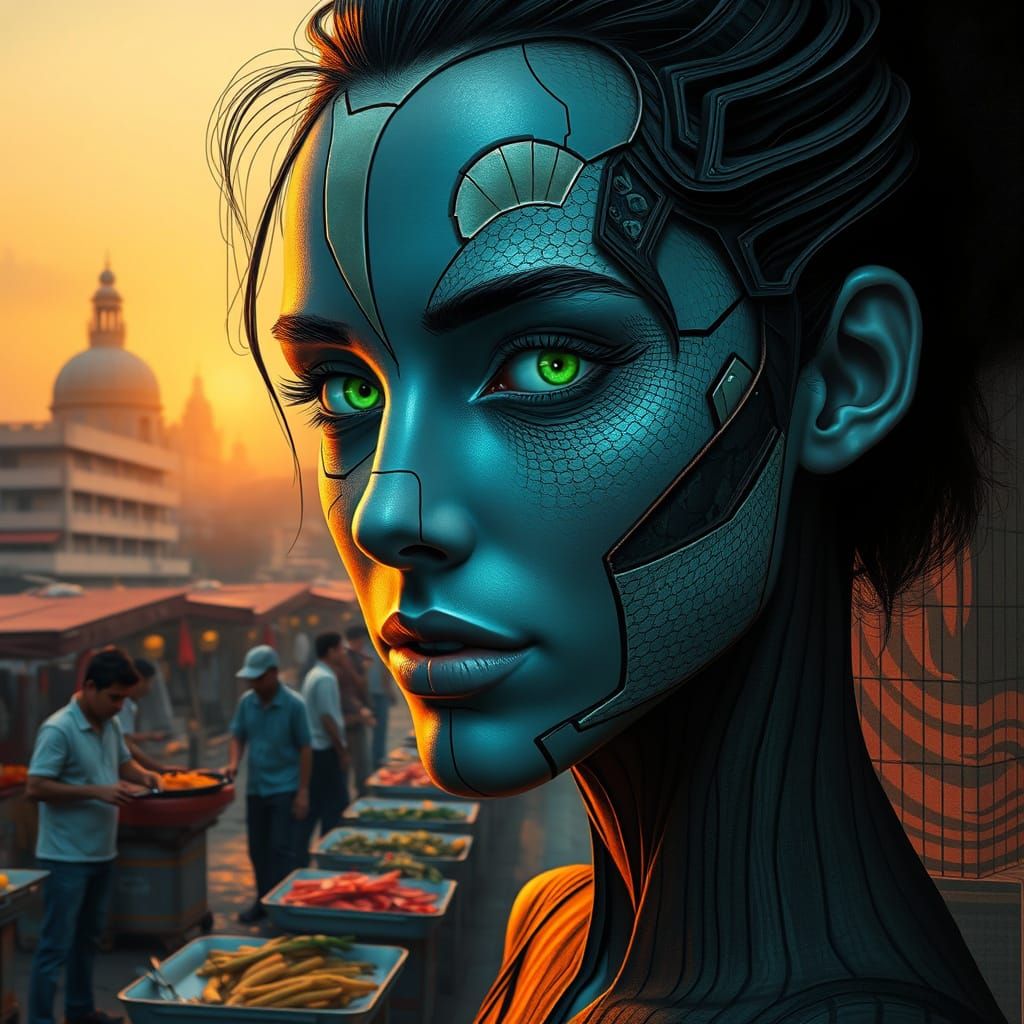 Futuristic Woman Amidst Bustling Market