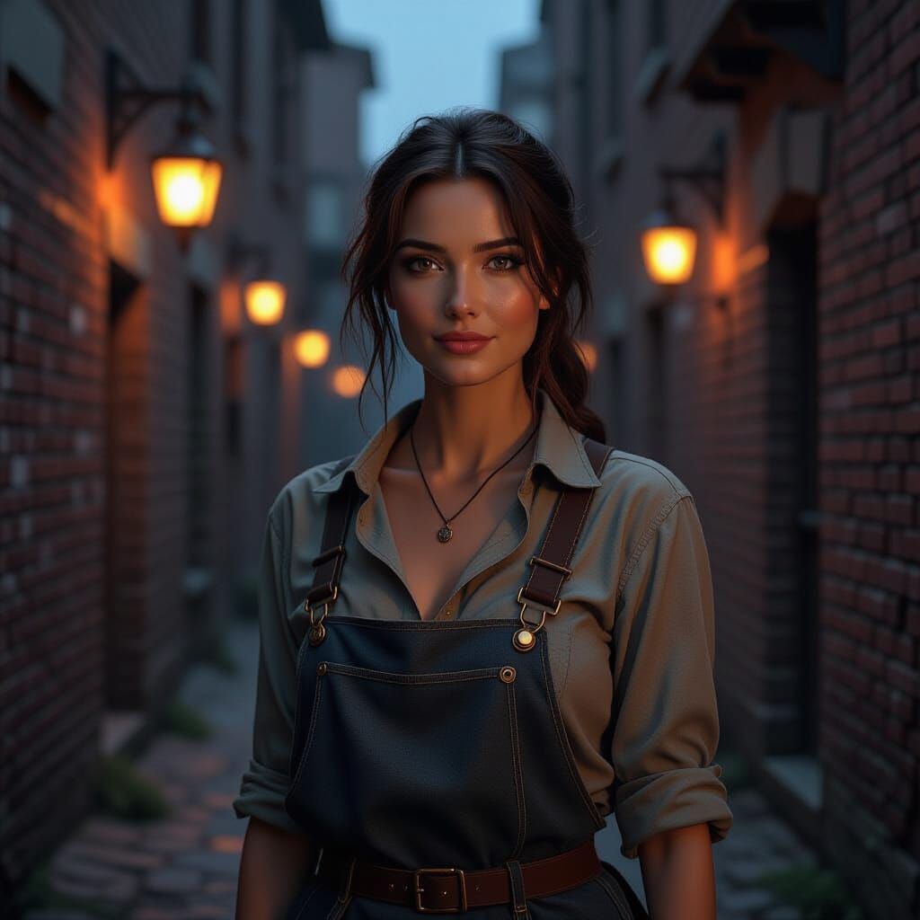 Realistic Matte Painting of Working-Class Woman in Alleyway