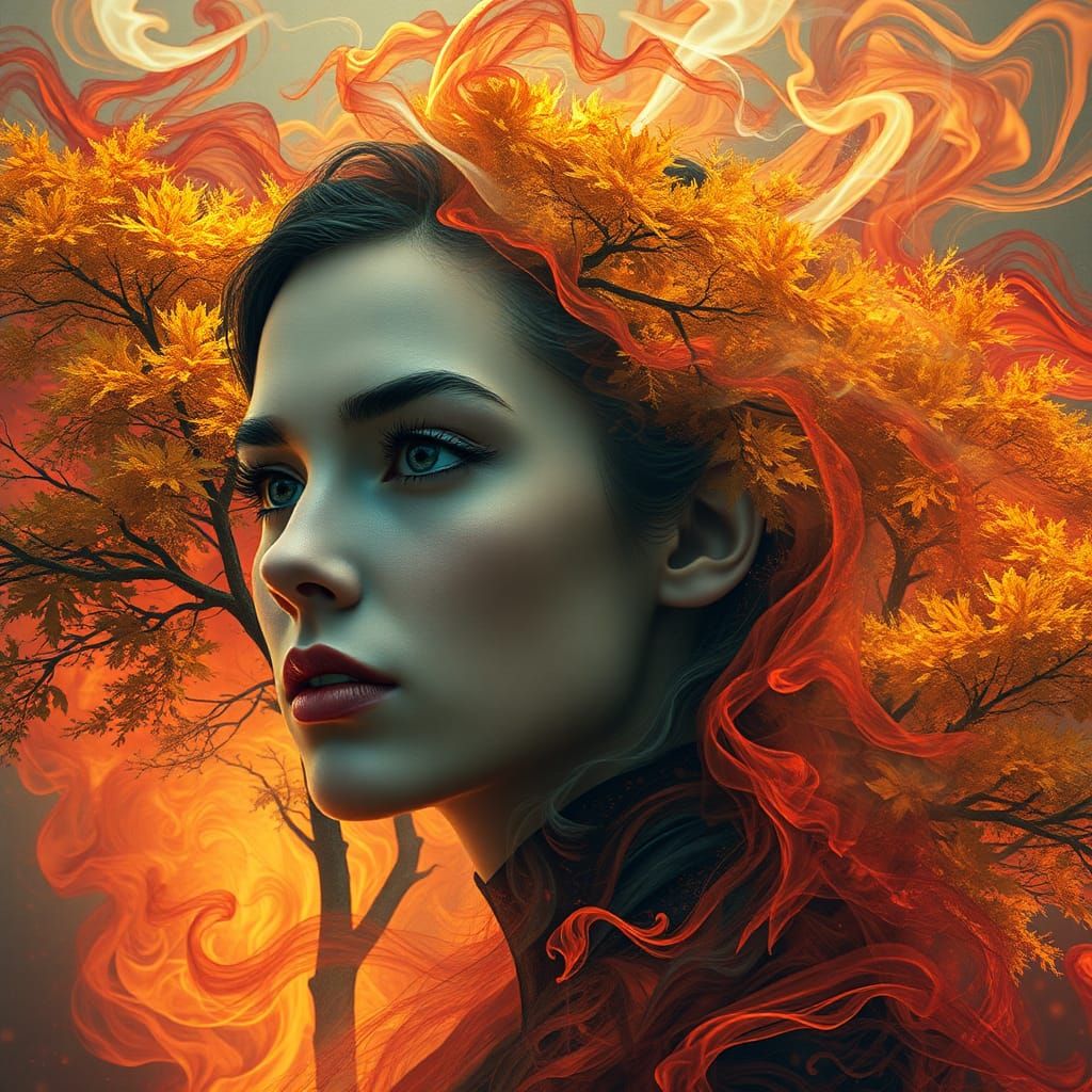 Dramatic Woman's Face in Fiery Concept Art