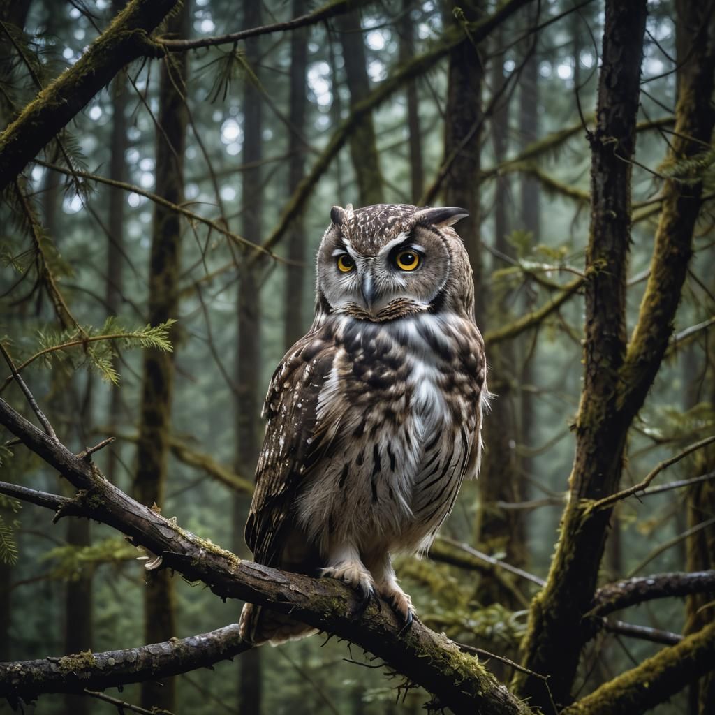 Photo of young owl sitting on a branch in a dark Pacific Nor...