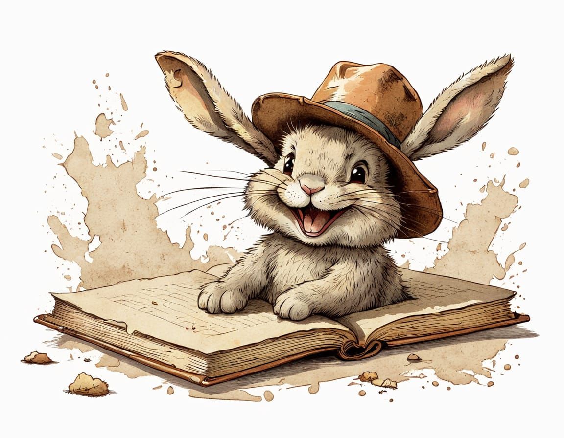 Cartoon Rabbit Laughing on Antique Book
