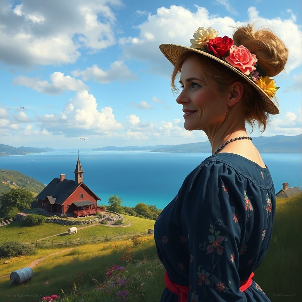 Lady in Hyperrealistic Mid Shot with Dramatic Bay Landscape