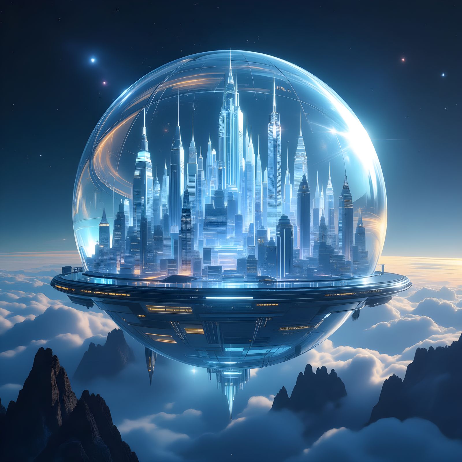 Futuristic City in Glass Sphere Floating Through Space