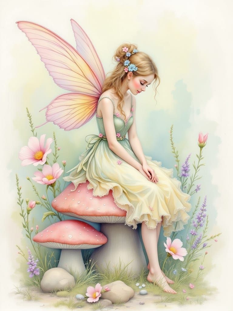 Delicate Fairy on Toadstool in Dreamy Pastel Style