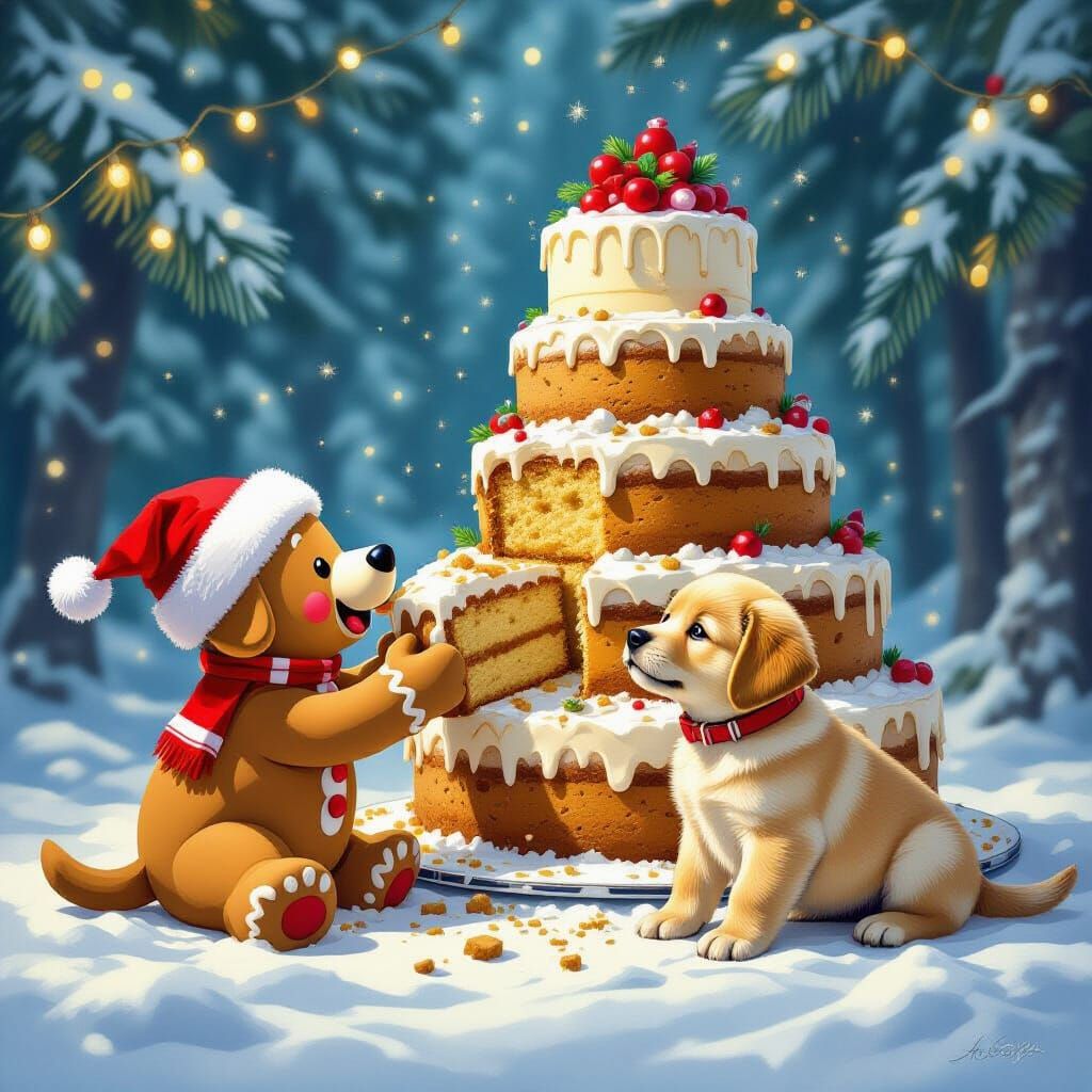 Gingerbread Man Feeds Cake to Puppy in Snowy Forest