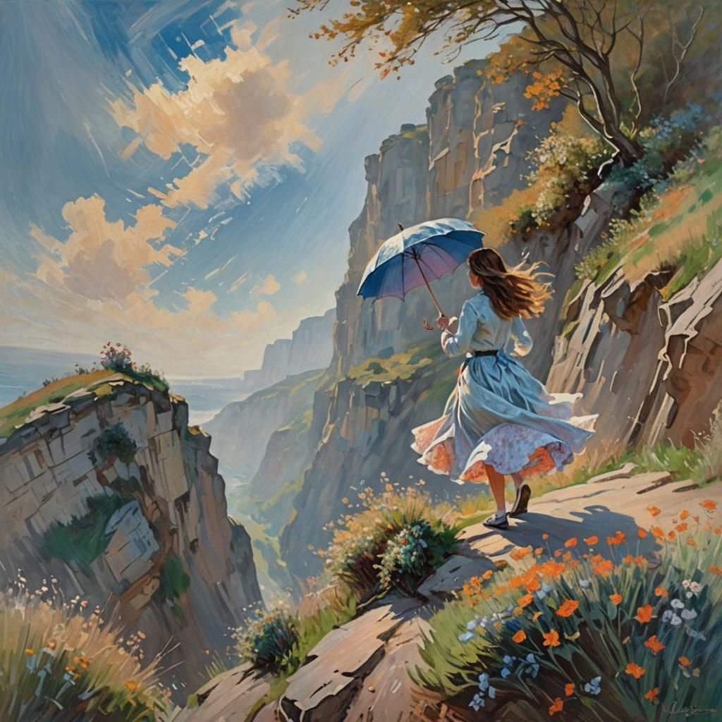 Impressionist Girl with Windblown Skirt on Cliff