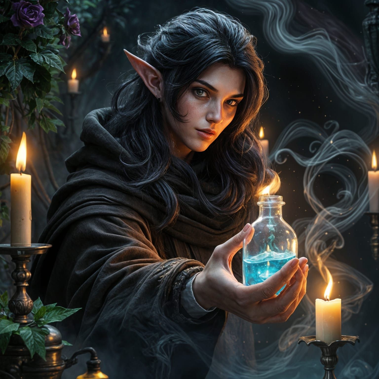 Enigmatic Elf Offers a Potion in a Haunting Lab