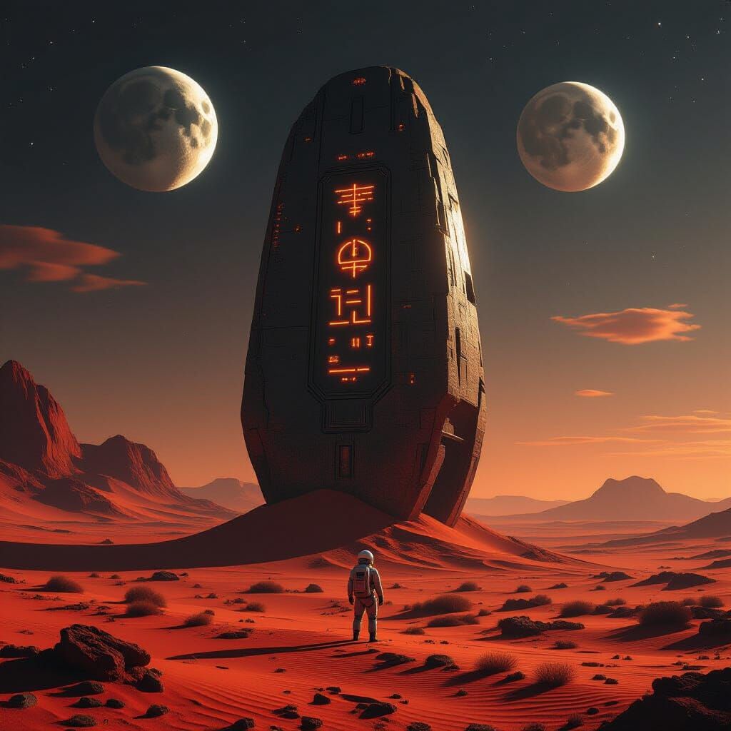 Astronaut Encounters Alien Artifact Under Twin Moons