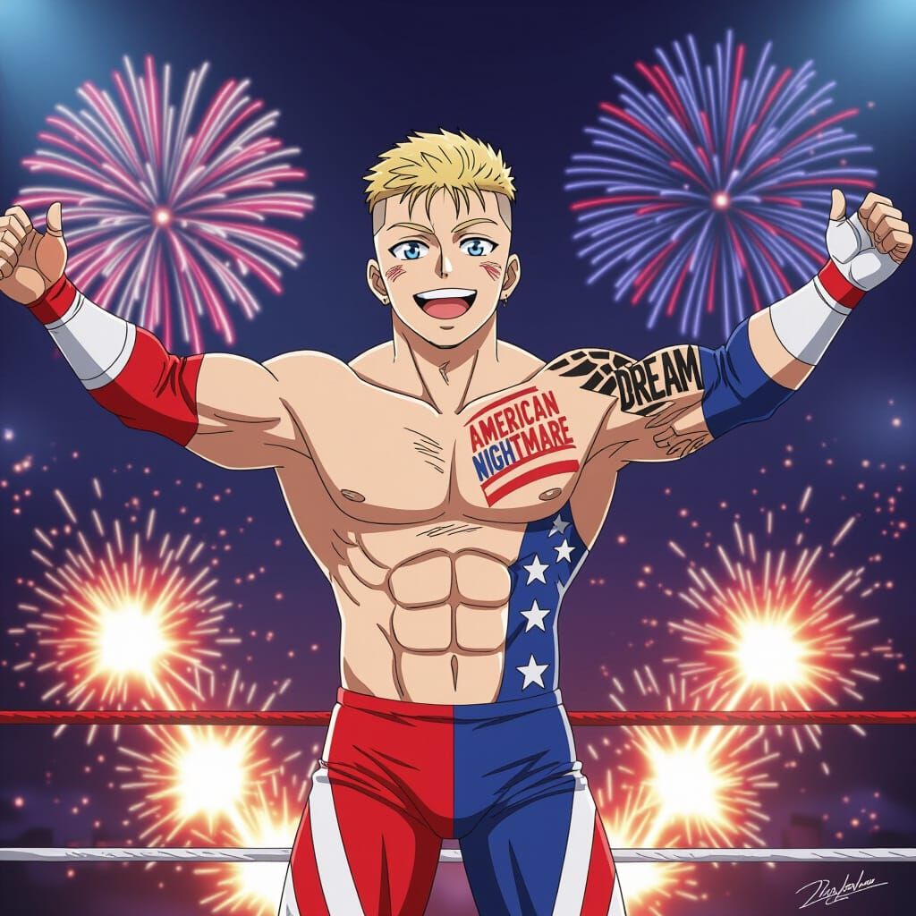 Muscular Anime Wrestler Poses with Fireworks