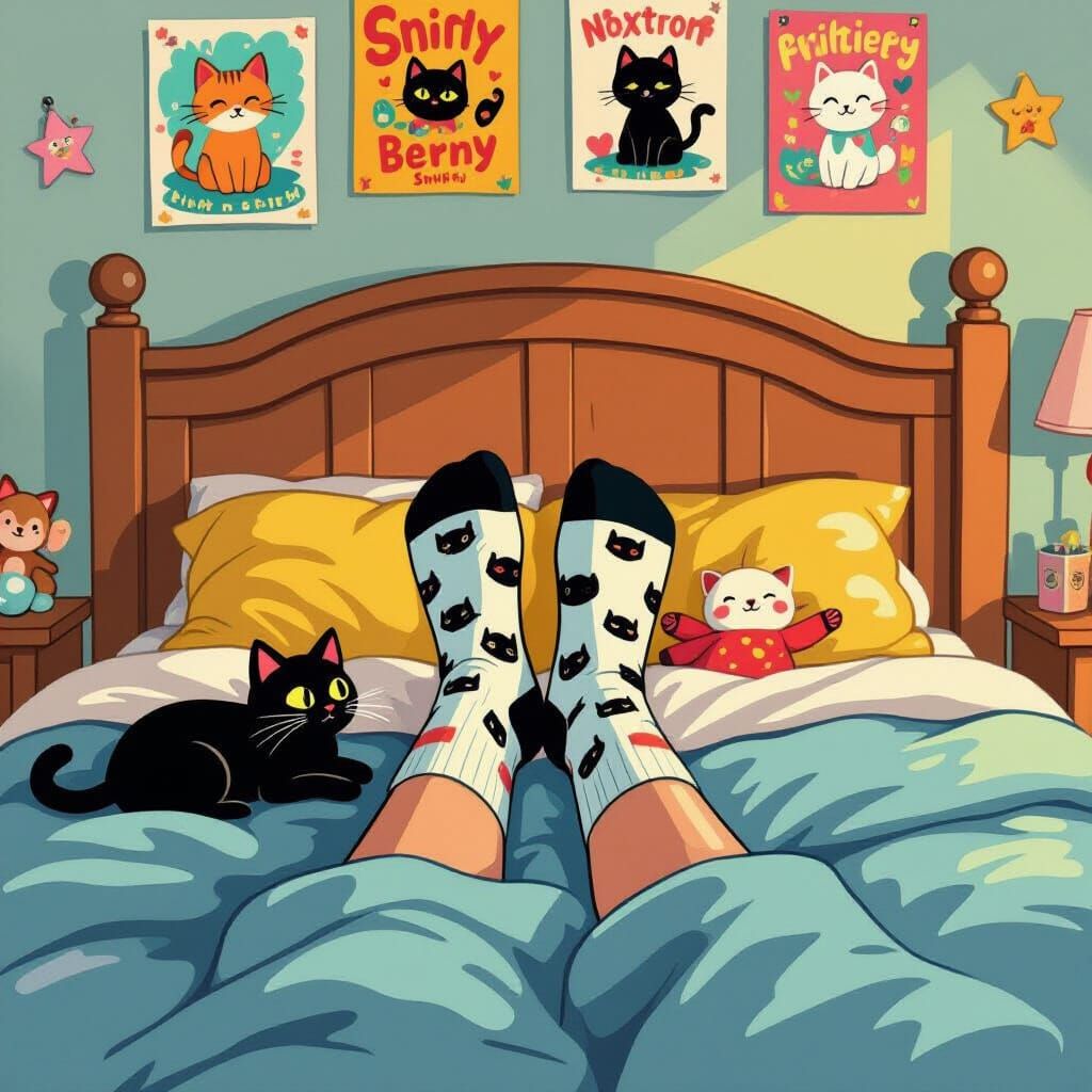Whimsical Bedroom View with Cat Socks