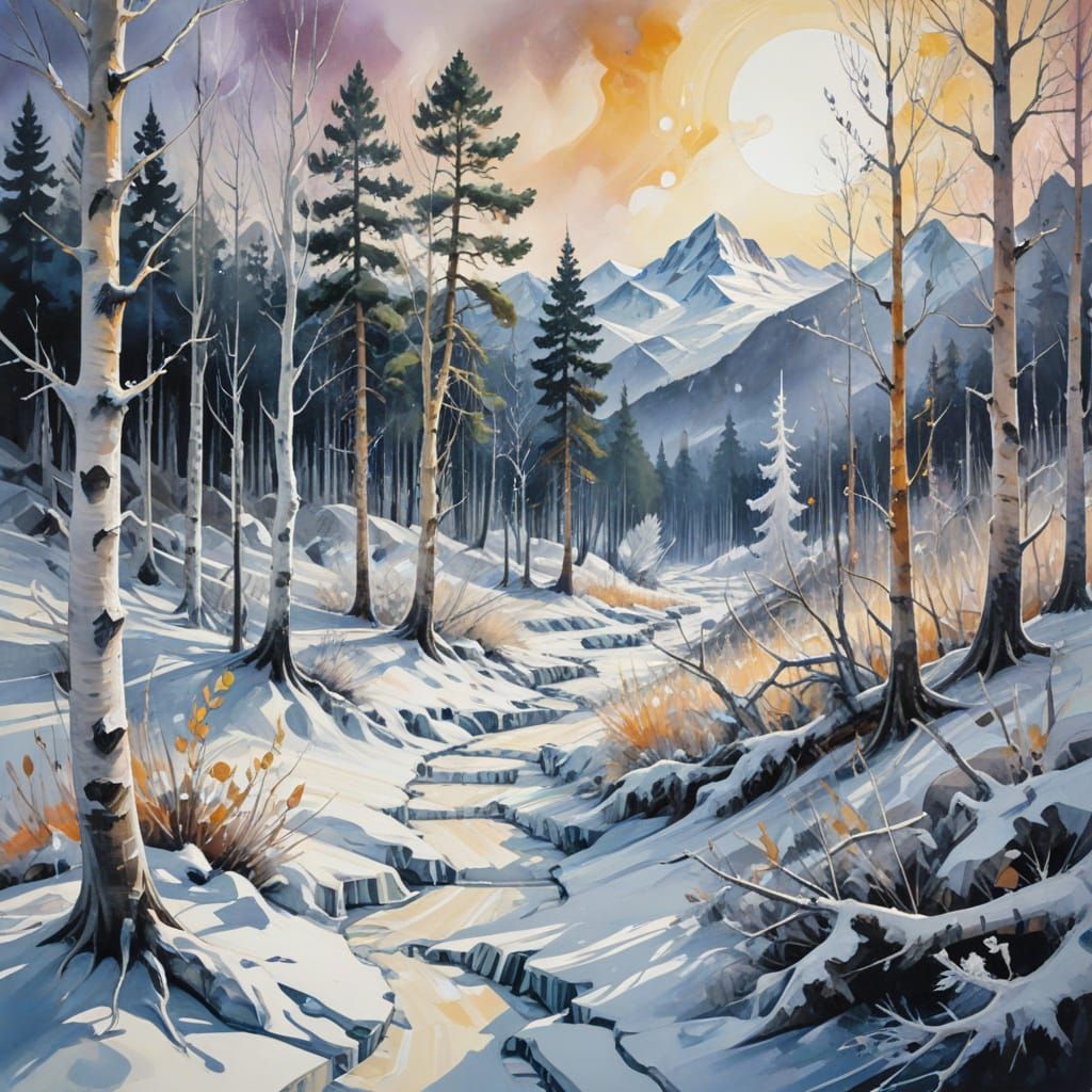 Icy Winter Landscape in Expressionist Abstract Style