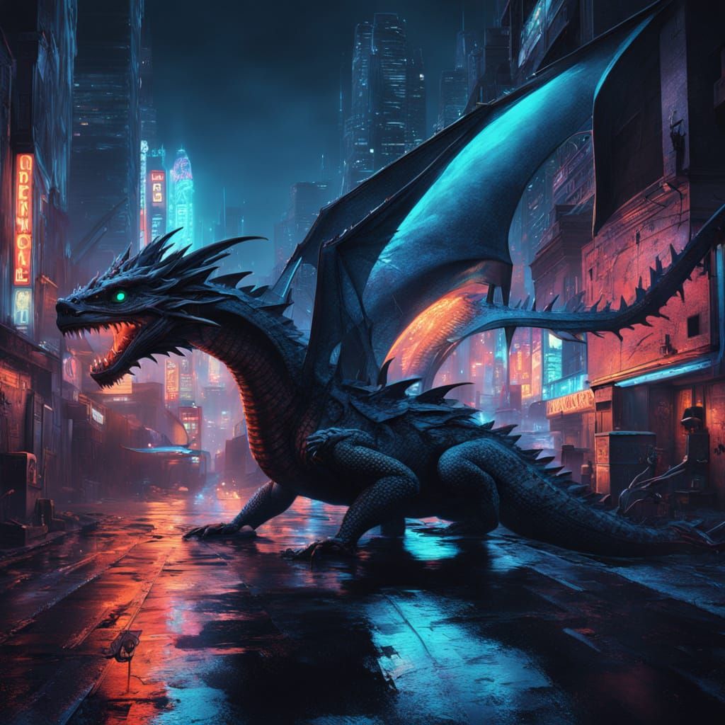 Bioluminescent Dragon Soaring Through Cyberpunk Cityscape