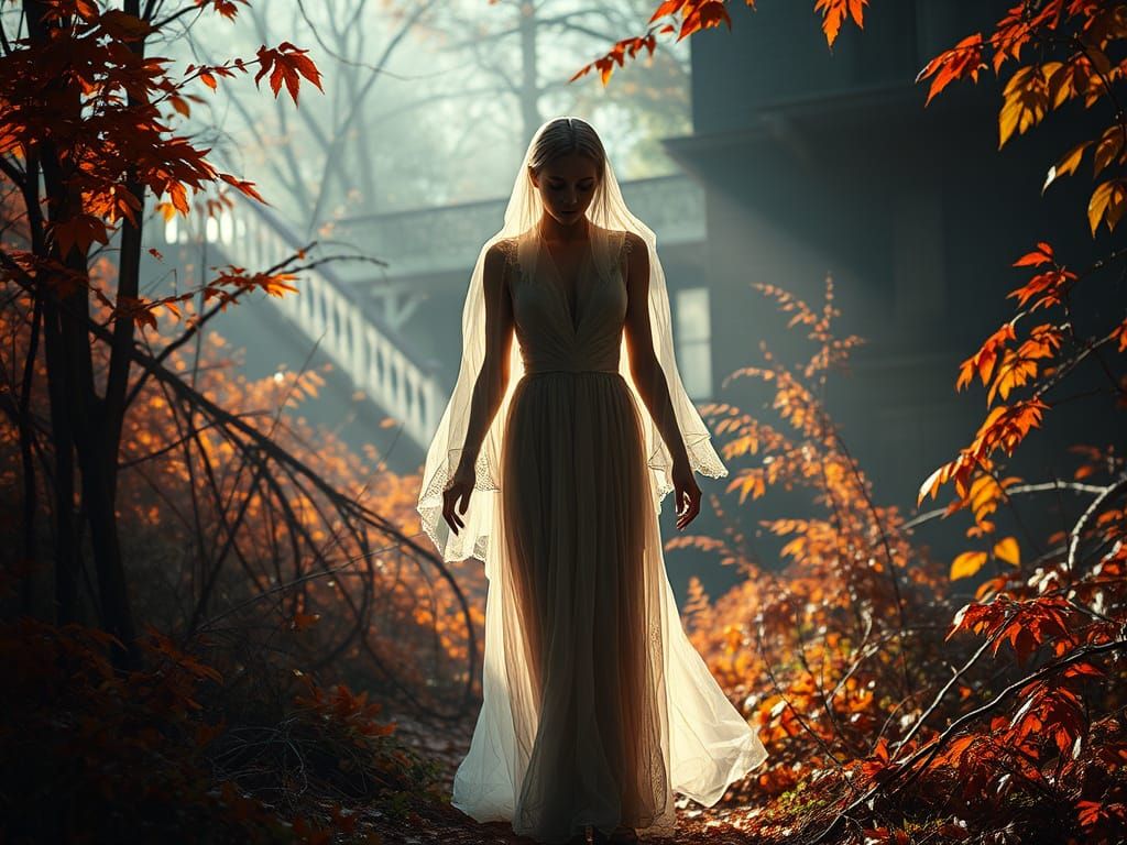 Ethereal Wraith in Abandoned Mansion Grounds