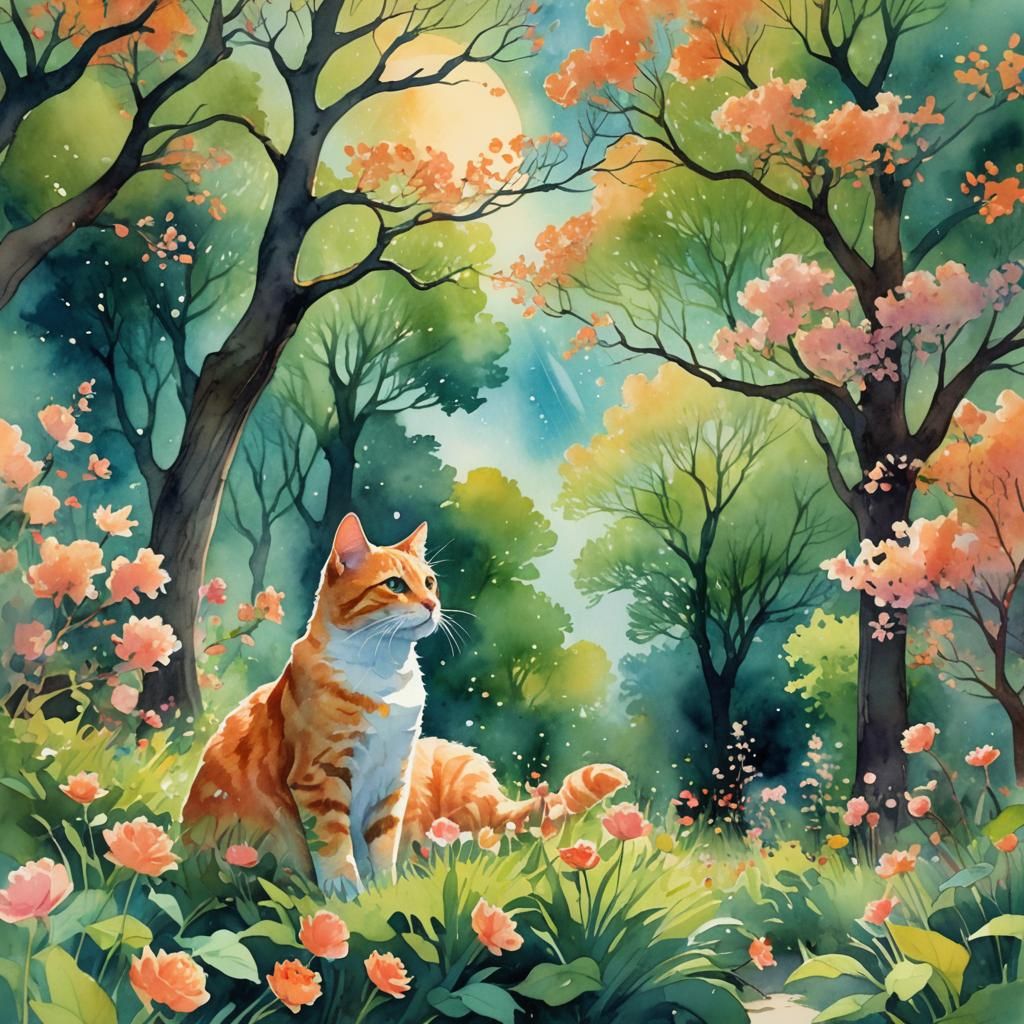 Woman Gazing at Cat in Sun-Drenched Watercolor Garden