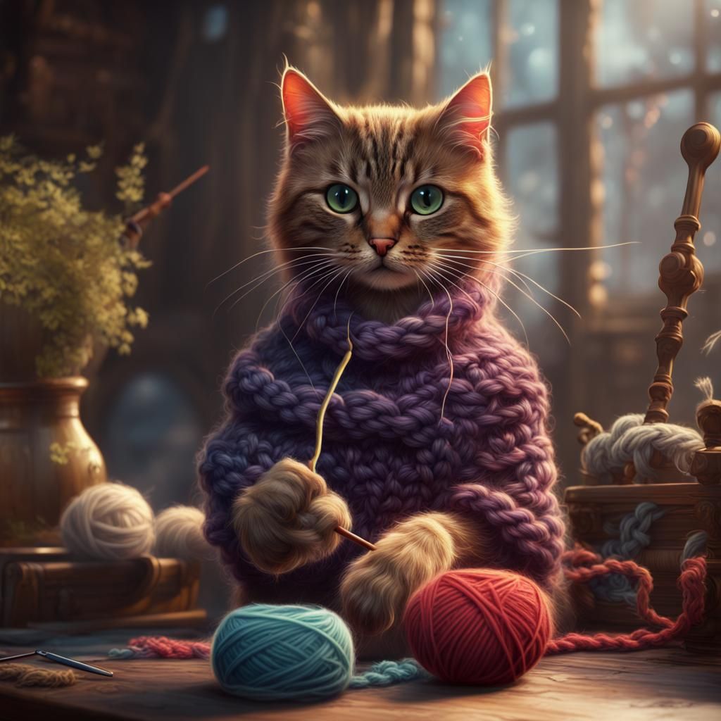 Cat Knitting: Detailed Fantasy Art in Deep Color