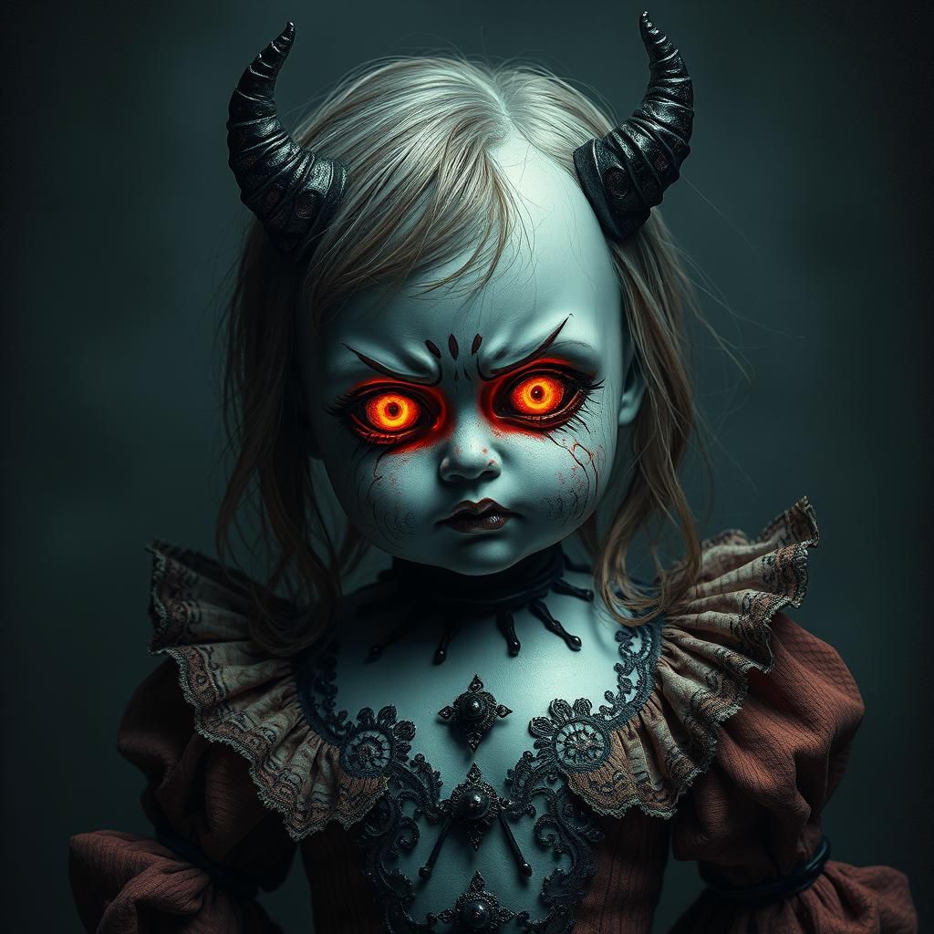 Demonic Porcelain Doll with Glowing Eyes in Dark Fantasy Sty...