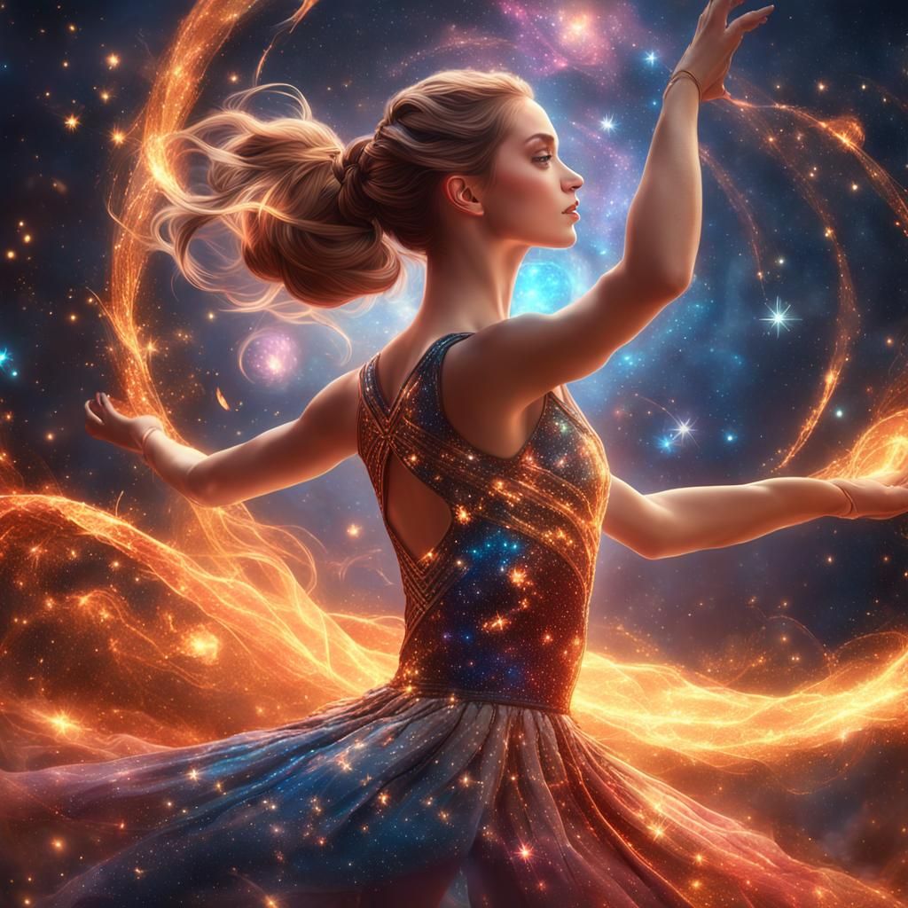 Ballerina in Fire Dress Dancing in Galaxy