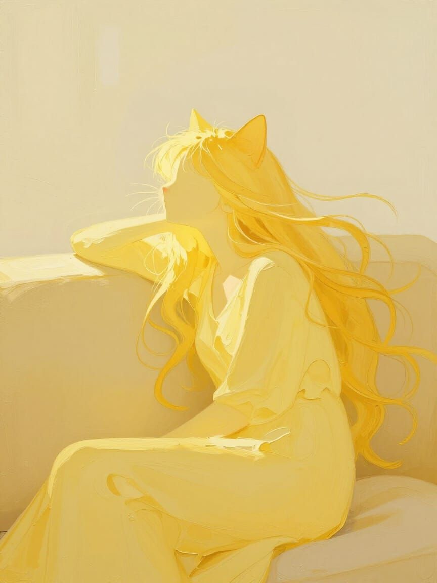 Blissful Yellow Catgirl in Abstract Minimalist Art