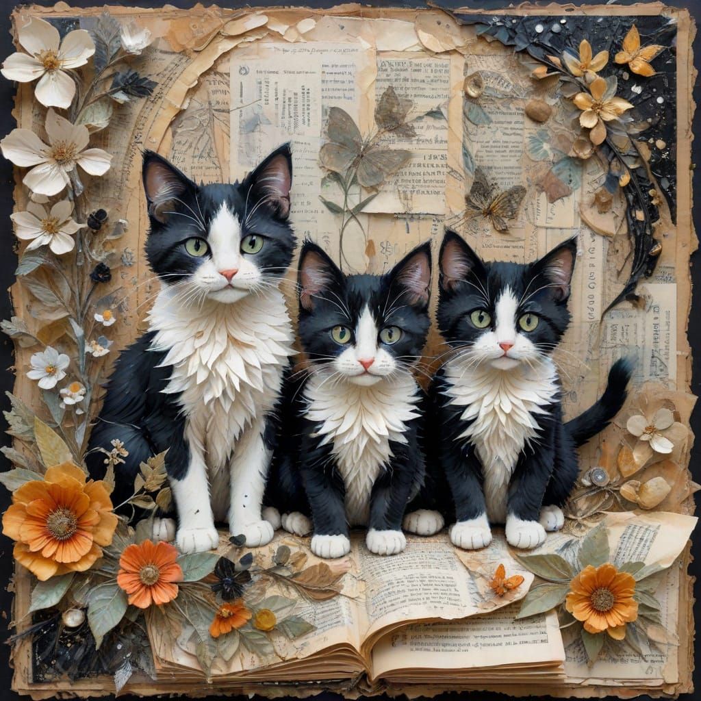 Whimsical Mother Cat and Kittens in Vintage Mixed Media Styl...