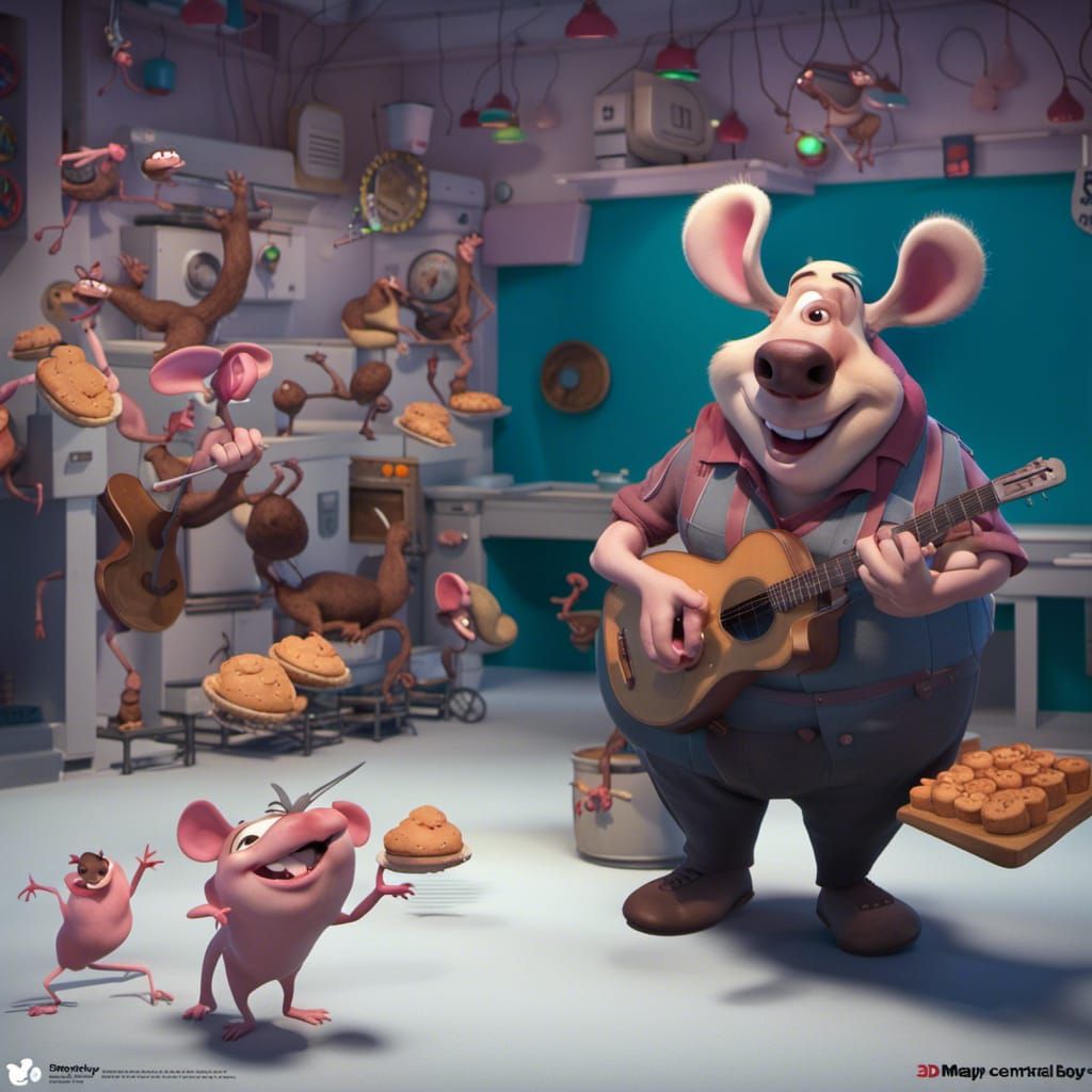 Man serenades a side of beef with happy tunes and all the small ones dance around and lots of rats are on the fringes wa...