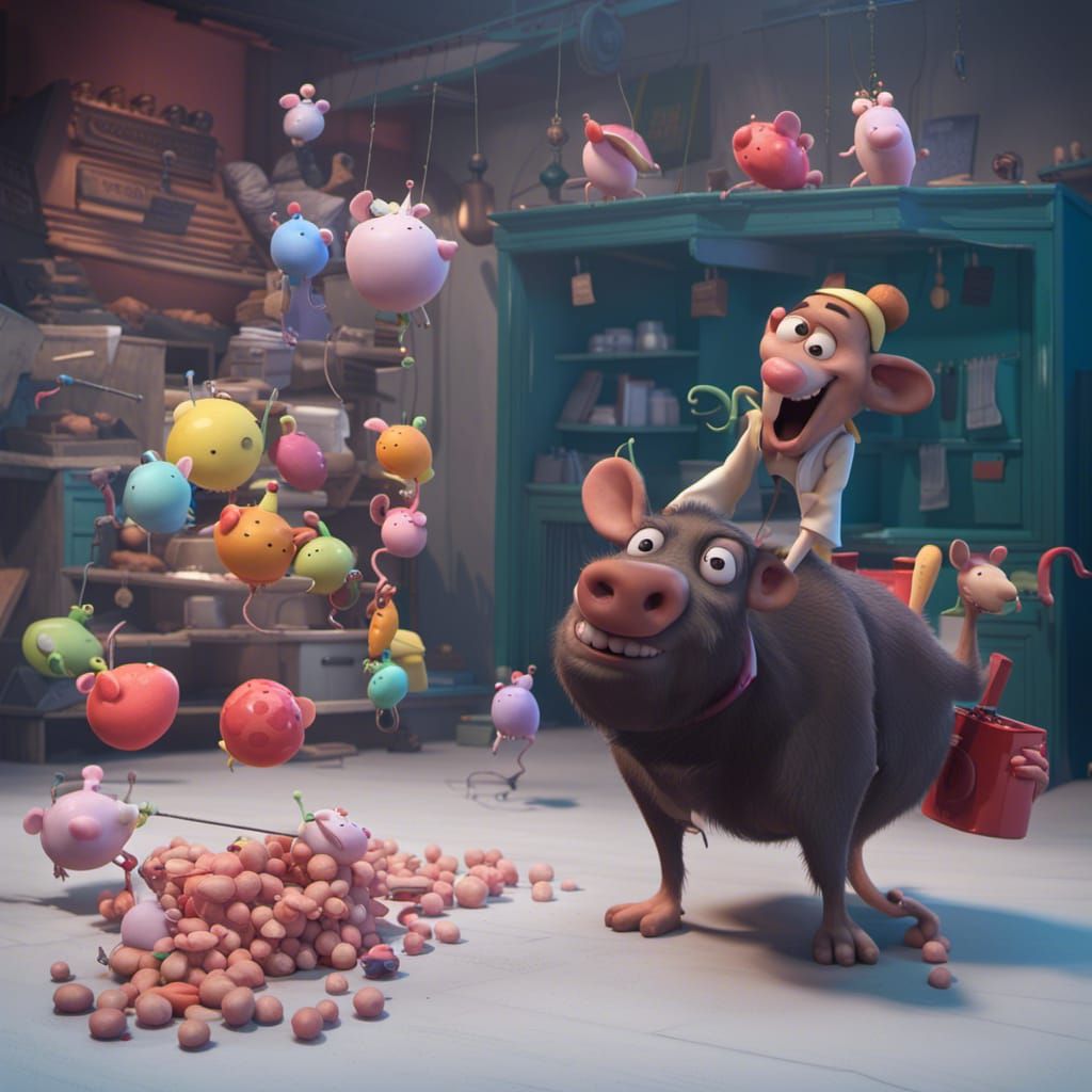 Man serenades a side of beef with happy tunes and all the small ones dance around and lots of rats are on the fringes wa...