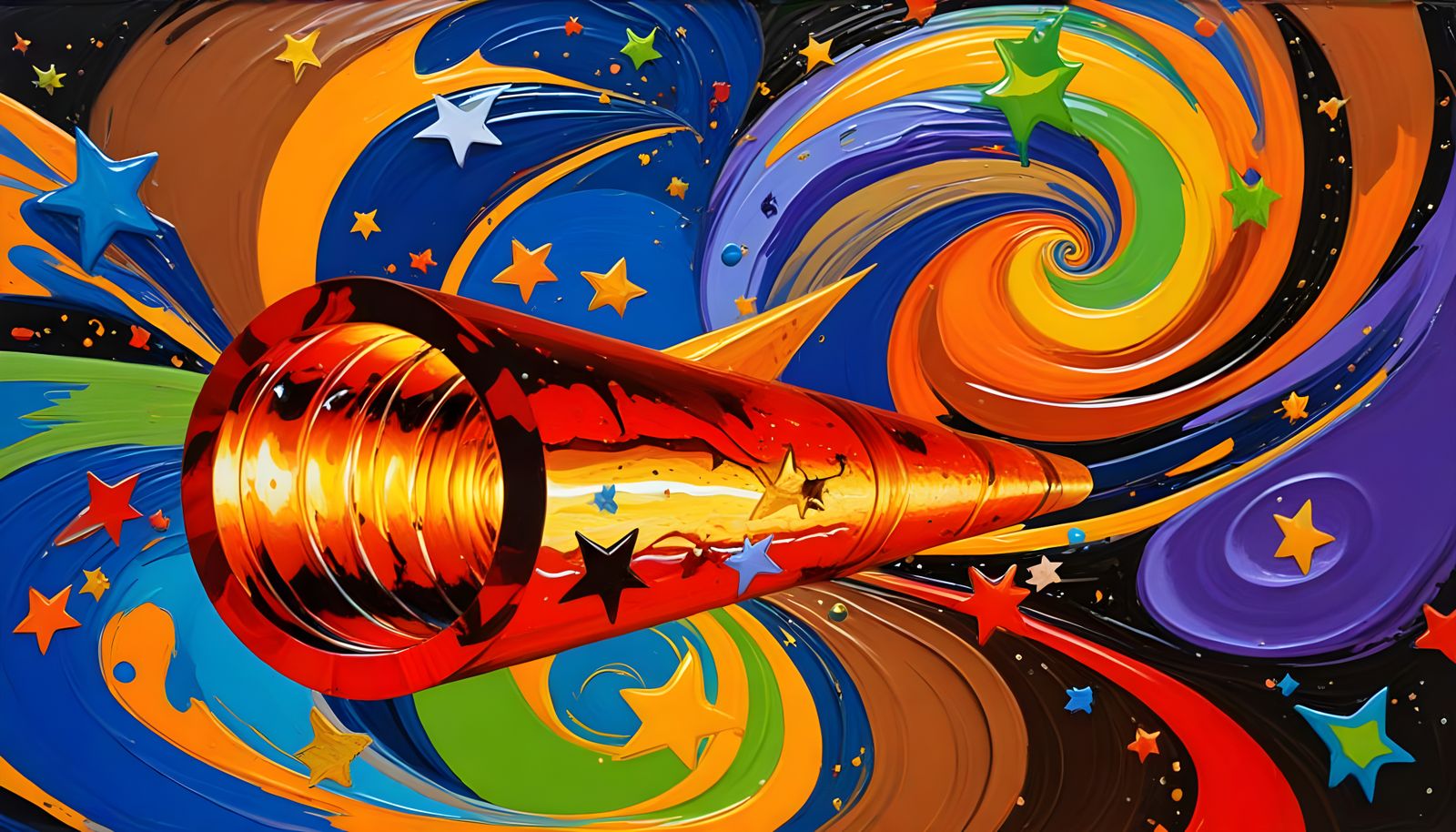 Sleek Glass-Mirror Cylinder in a Vibrant Cosmic Dance