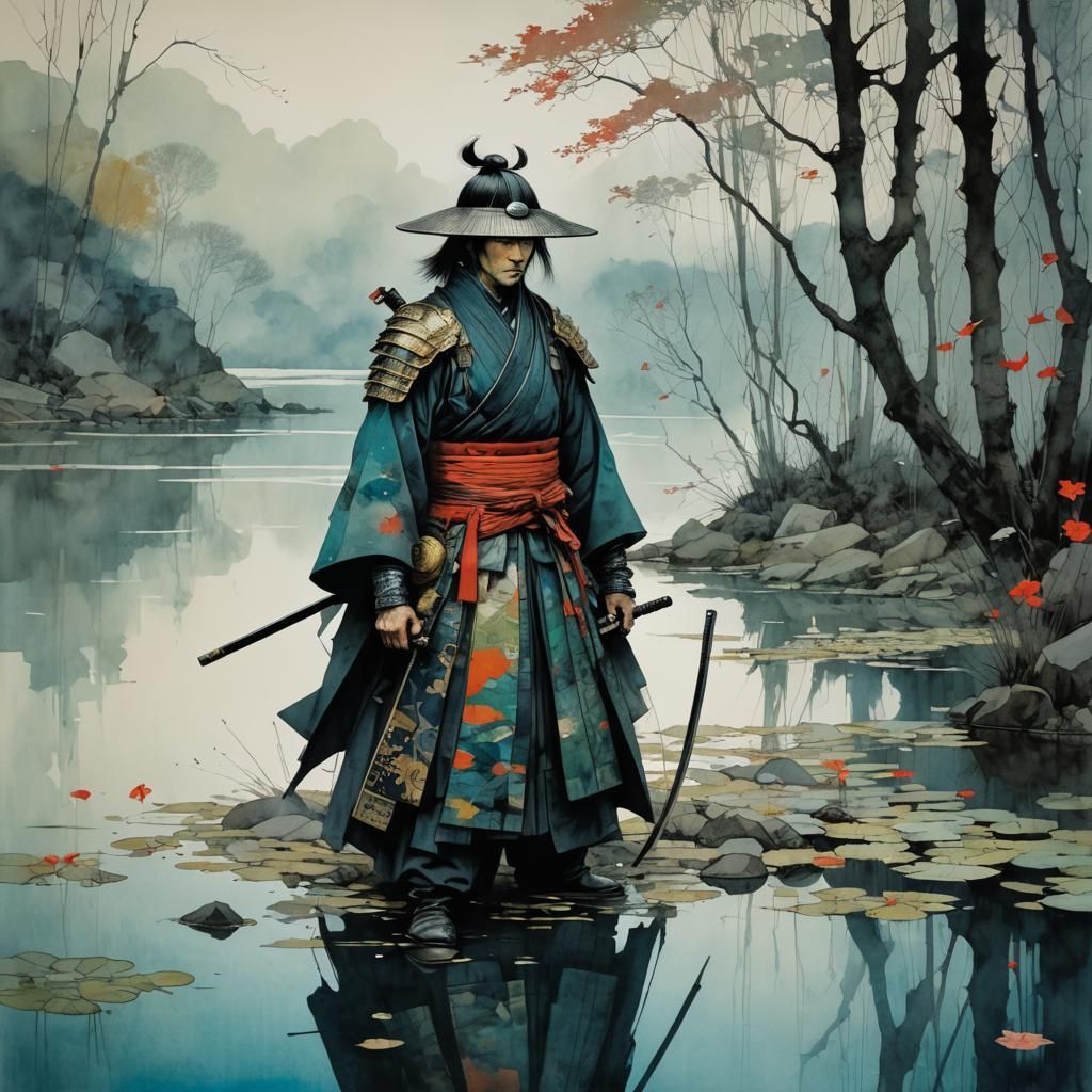 Mystical Samurai Meditating by Lake: Abstract Art