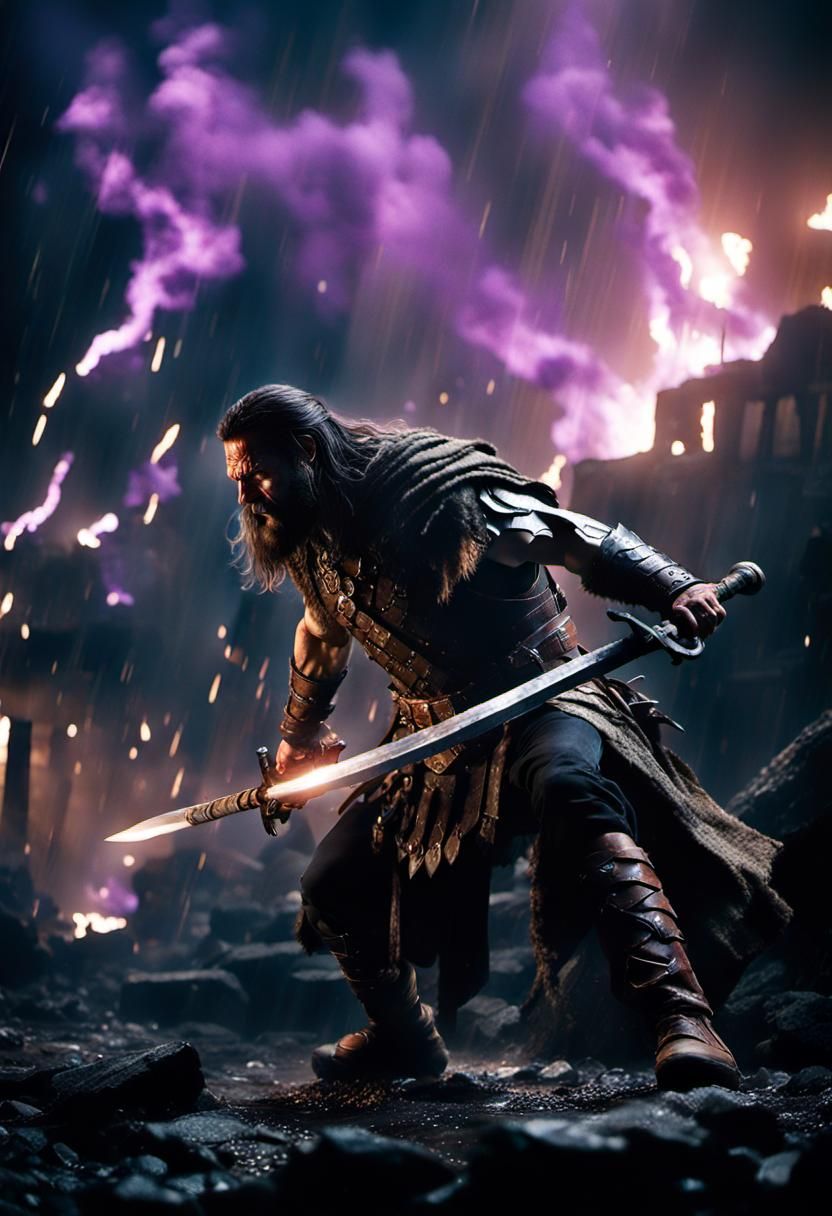 Barbarian Warrior with Hell Sword in Dark World