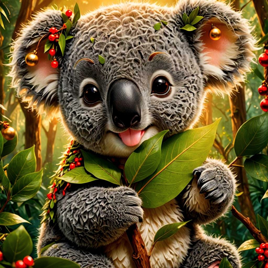 Whimsical Christmas Koala Close-Up in Lush Forest