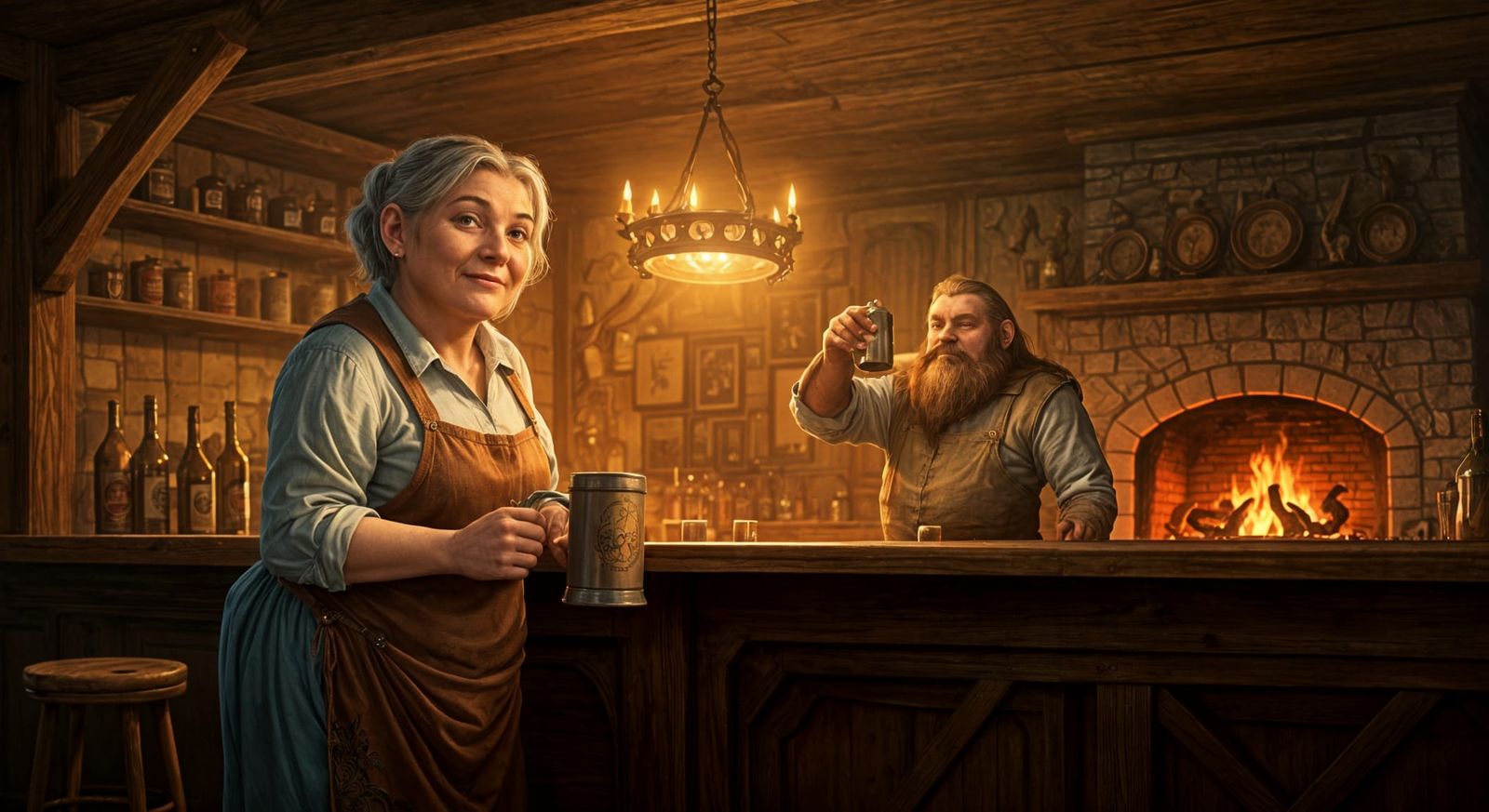 Fantasy Tavern Scene in Johan Egerkrans Style, Cozy Roadside...