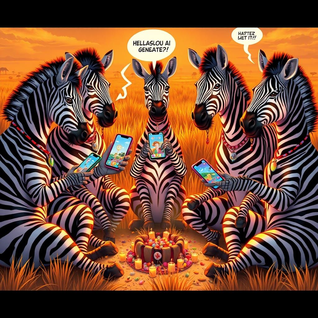 Zebras' Savannah AI Art Party in Hyperrealistic Style