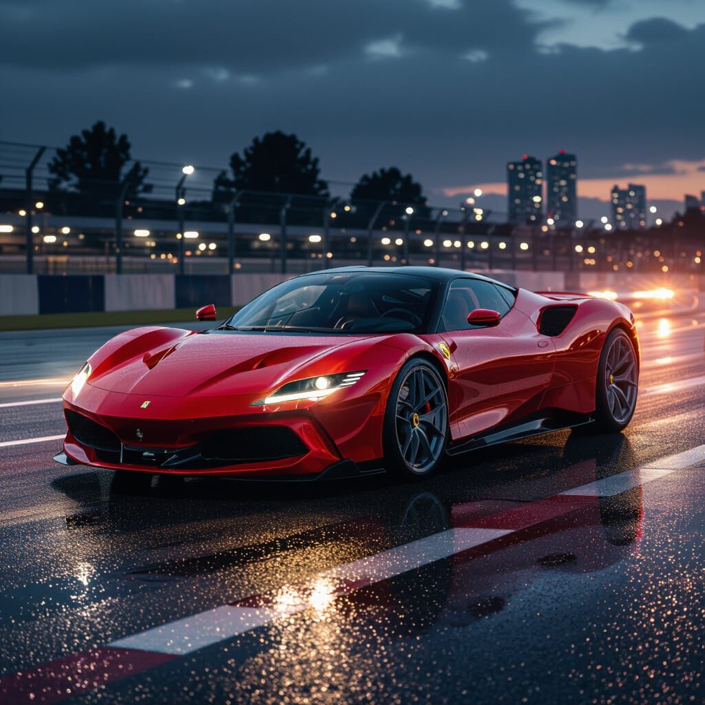 Crimson Ferrari Hypercar on Wet Track at Dusk
