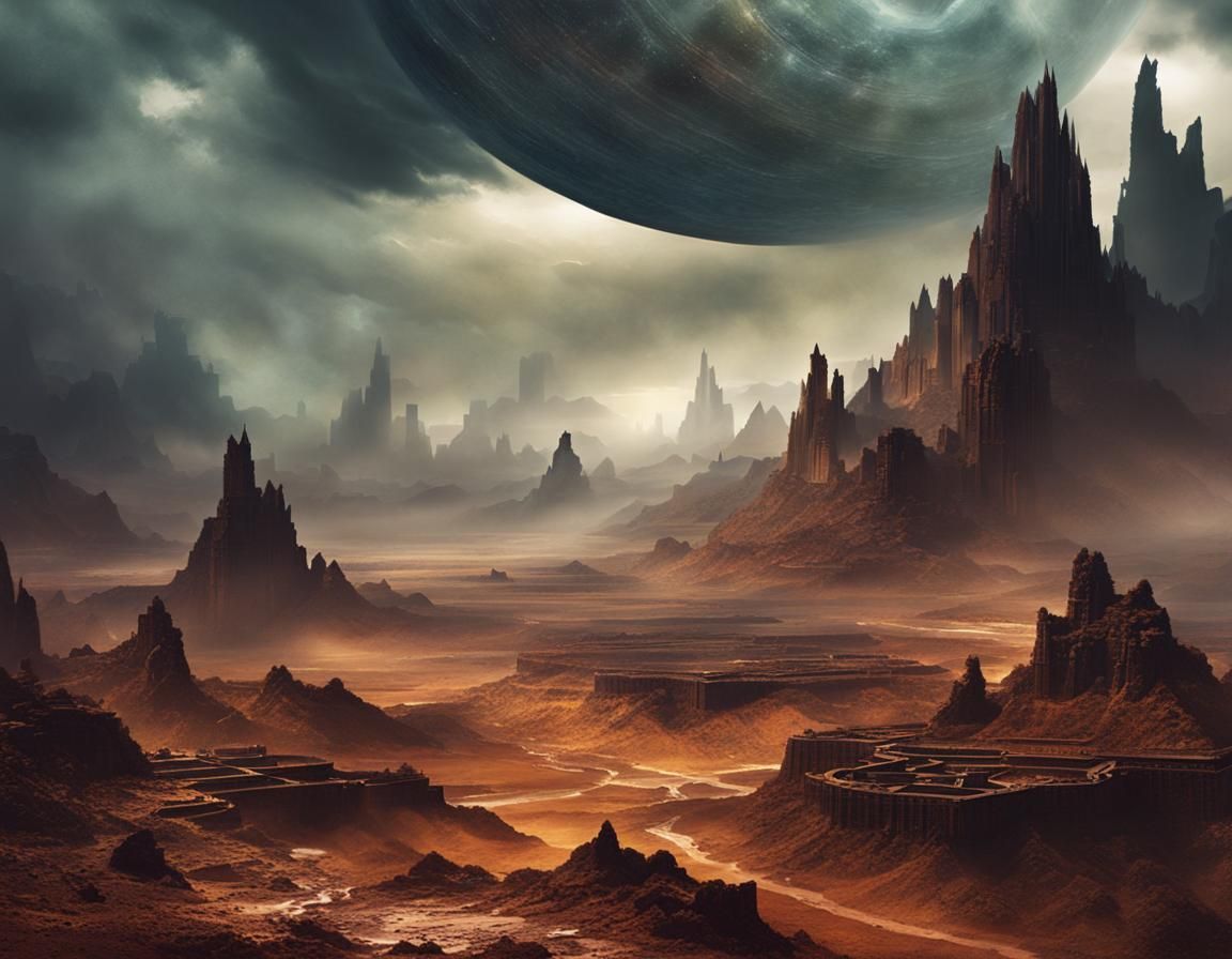 Eerie Alien Ruins Under Storm Clouds