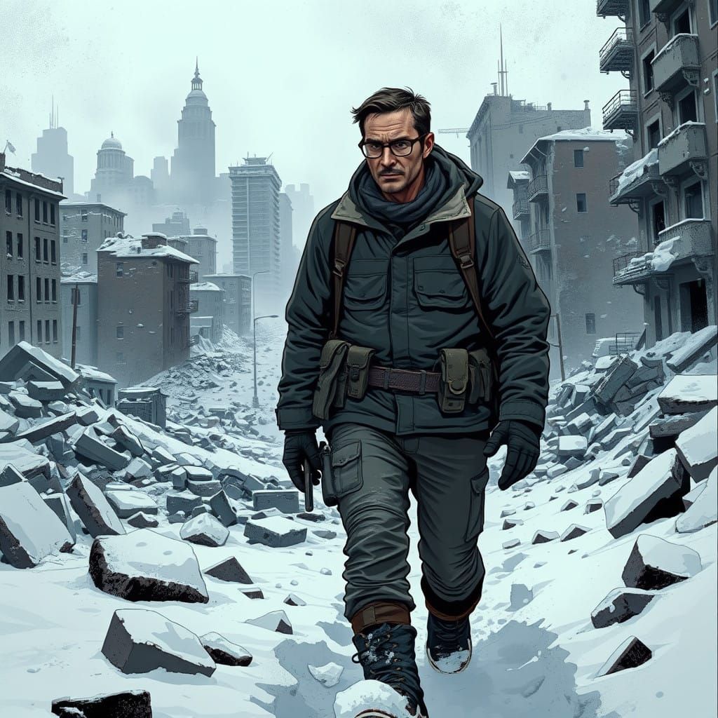 Man Trudges Through Post-Apocalyptic Cityscape in Monochroma...