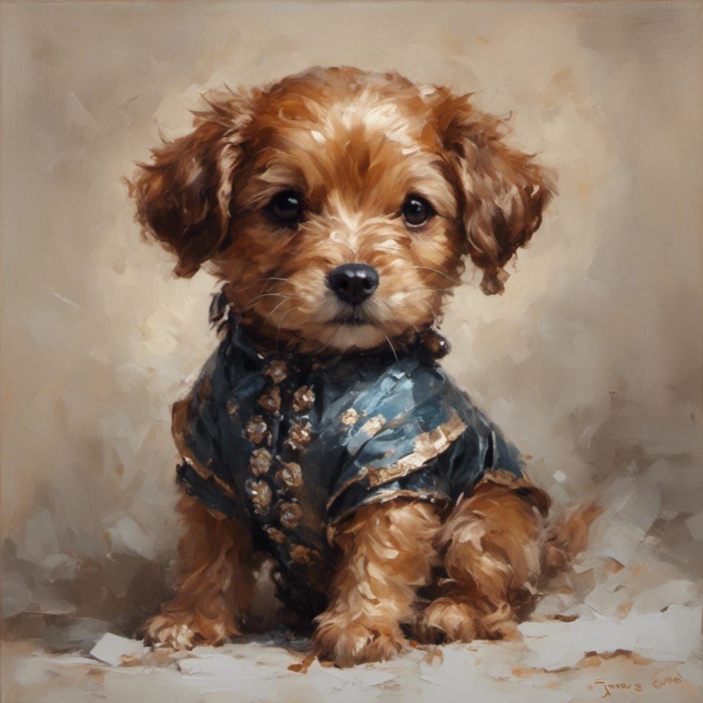 Cute Pinscher Puppy Portrait in Oil Painting Style