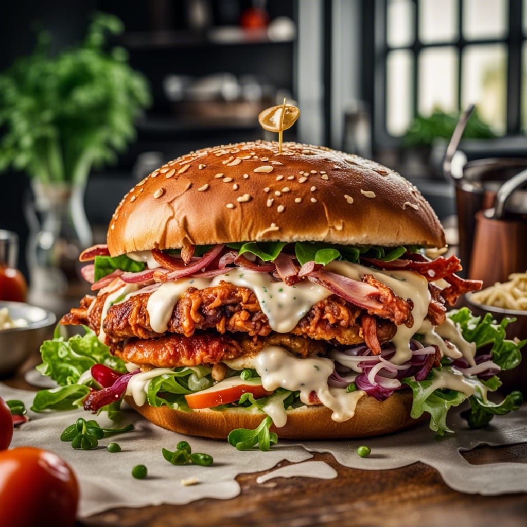 Gorgeous Hamburger Sandwich with Fried Chicken and Salad