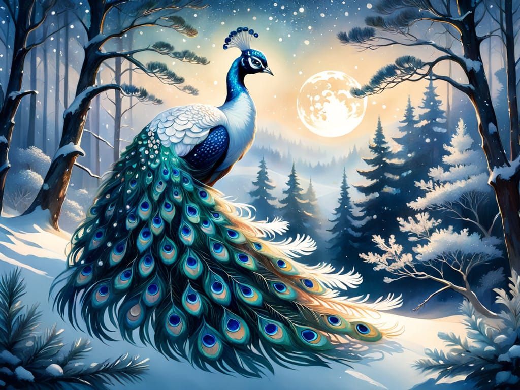 Ethereal Winter Peacock in Dreamlike Moonlit Landscape