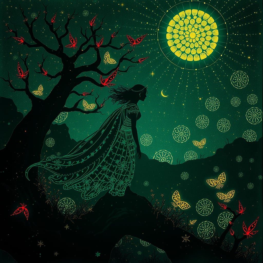 Bioluminescent Folklore Hero in Retro Autochrome Style